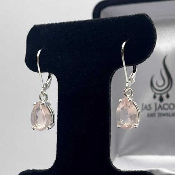 BEAUTIFUL 4ctw Pear Cut Natural Rose Quartz Earrings in Sterling Silver - Picture 7 of 7